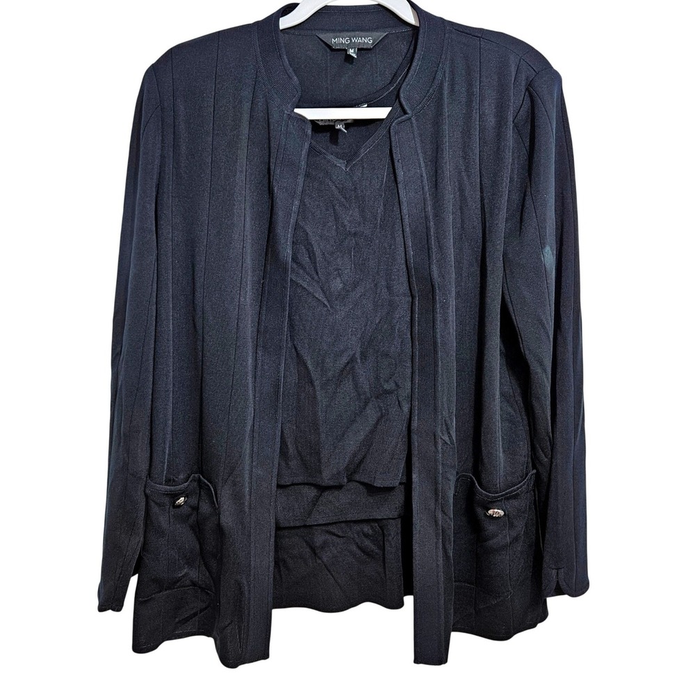 Ming Wang Knit Jacket Set Tank Shell Cardigan 2pc Relaxed Chic Pockets Black M